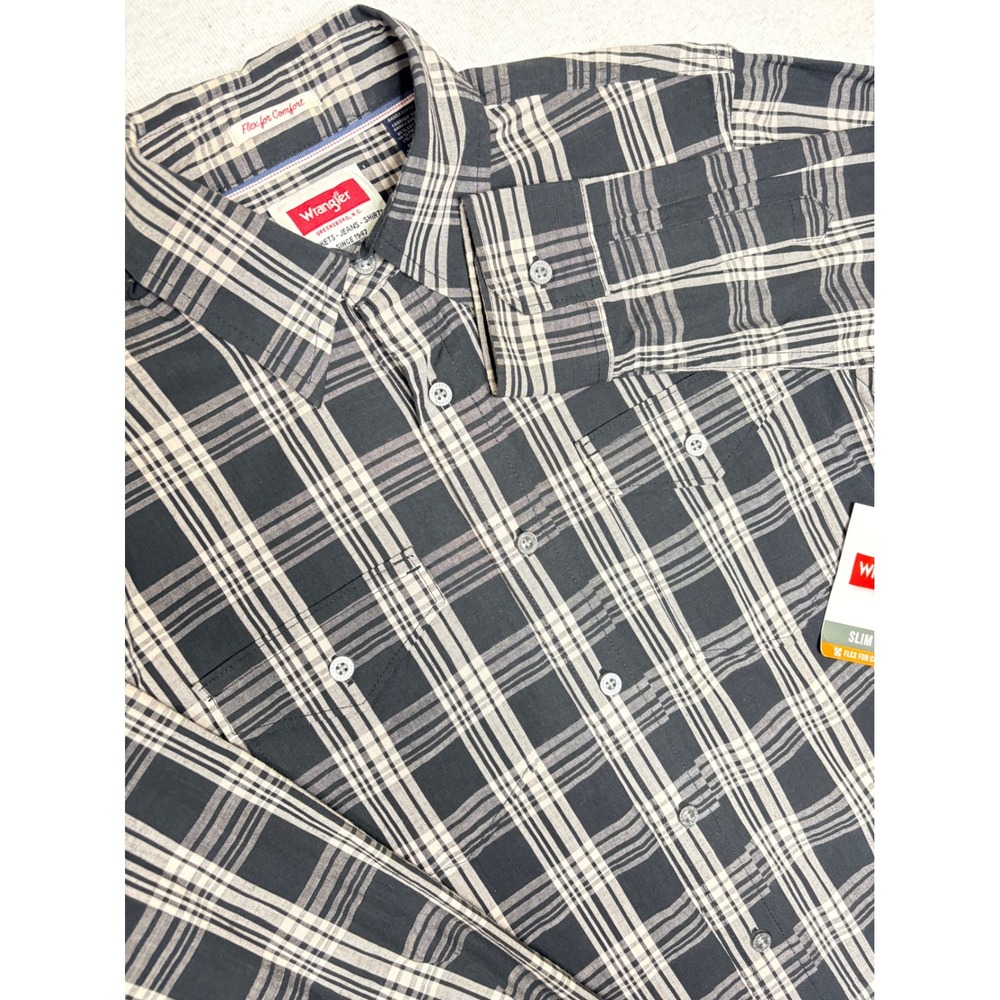Wrangler Mens Slim Fit‎ Flex for Comfort Plaid Button Down Shirt Black MG2-20A S